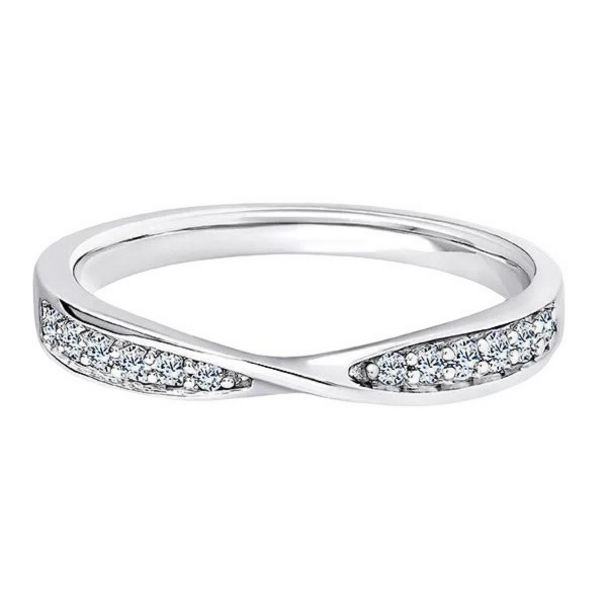 A silver infinity-style ring featuring pavé-set clear stones on both curved ends, shown on a plain white background.