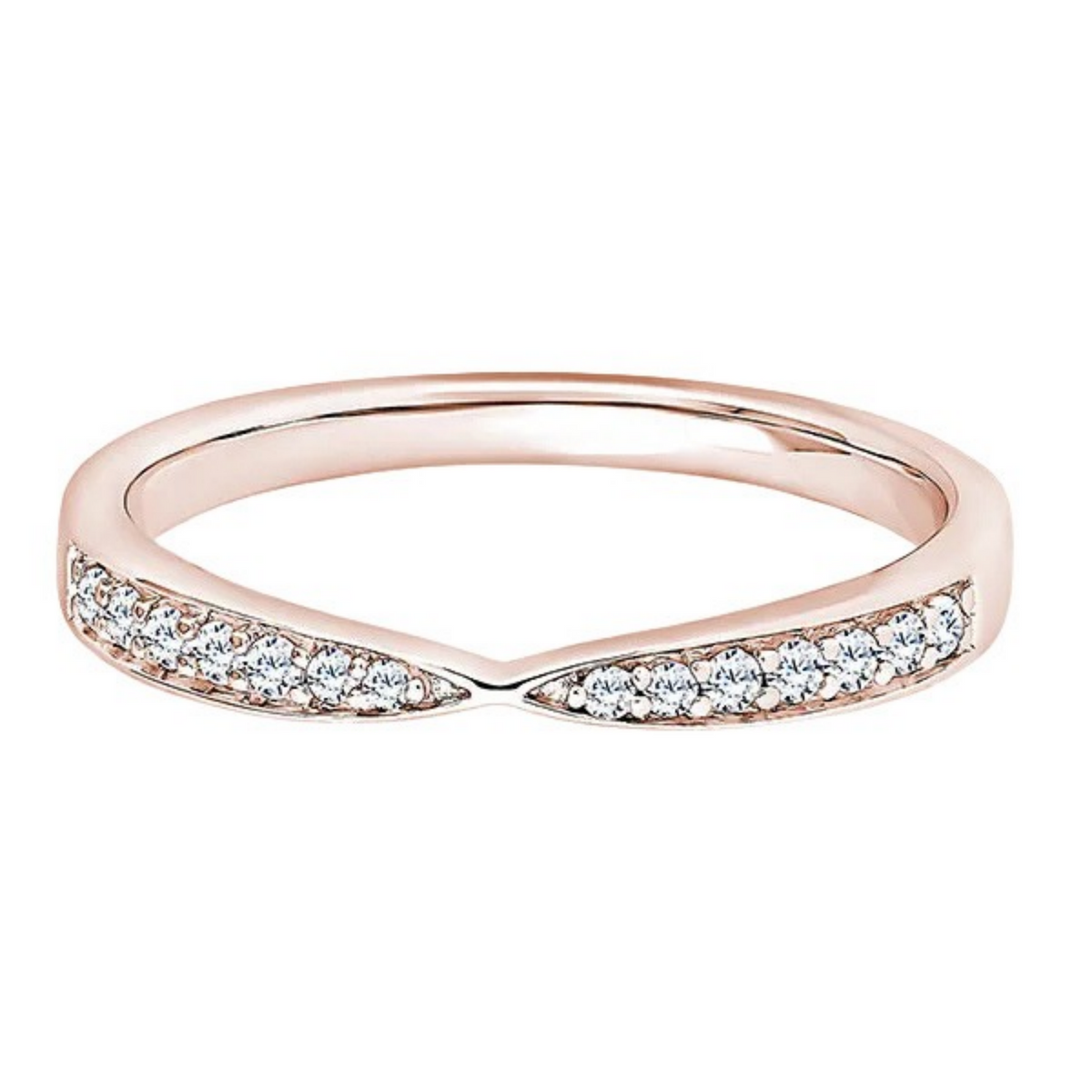 A rose gold ring with a split design, featuring rows of small clear pavé diamonds on each side, set against a plain white background.