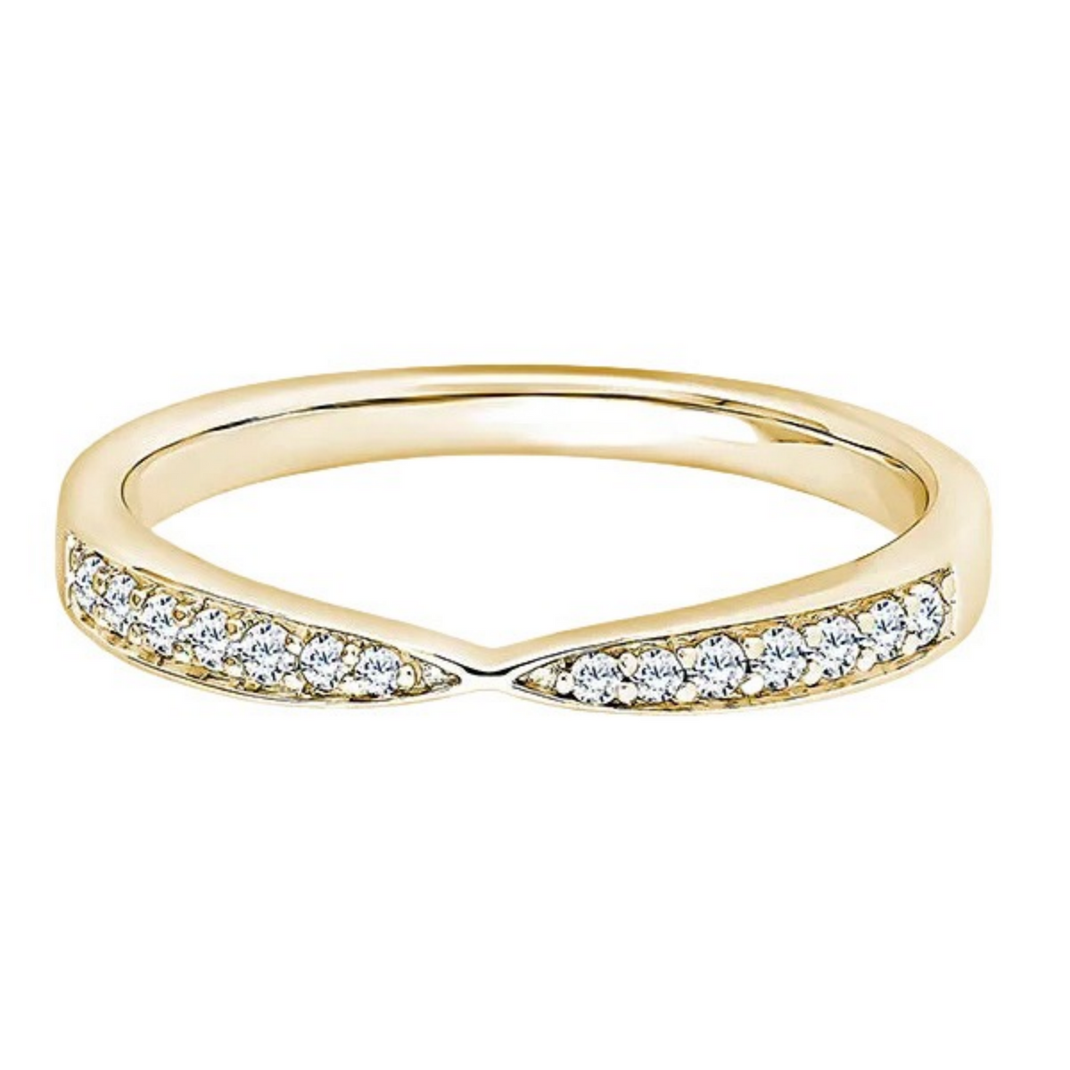 A yellow gold ring with a split design, featuring rows of small clear pavé diamonds on each side, set against a plain white background.