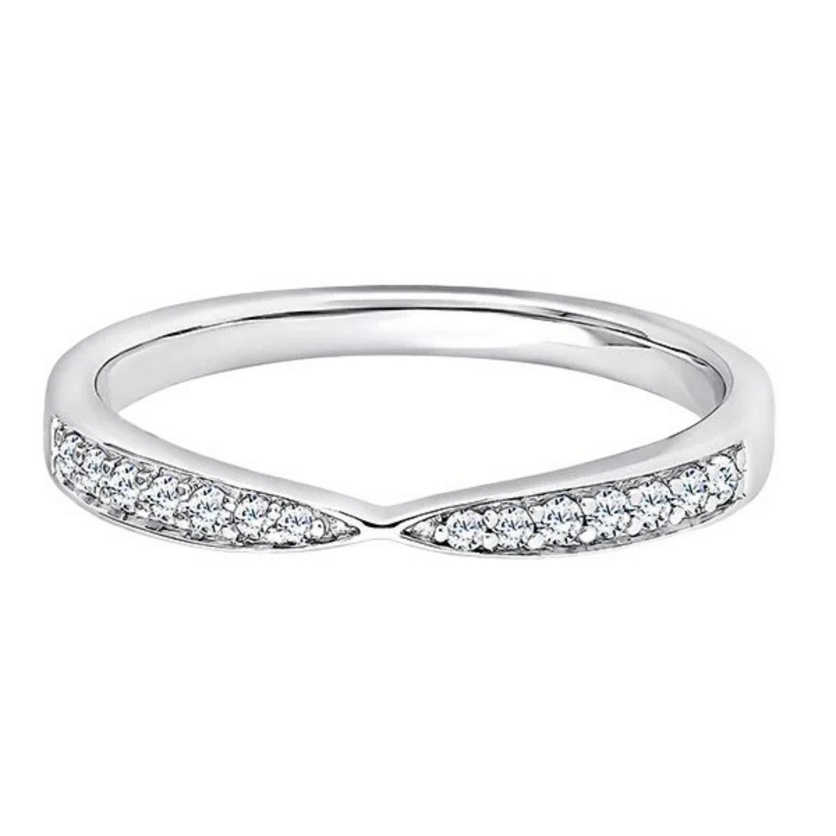 A silver-toned band ring featuring two curved, diamond-paved sections on the front, photographed against a solid white background.