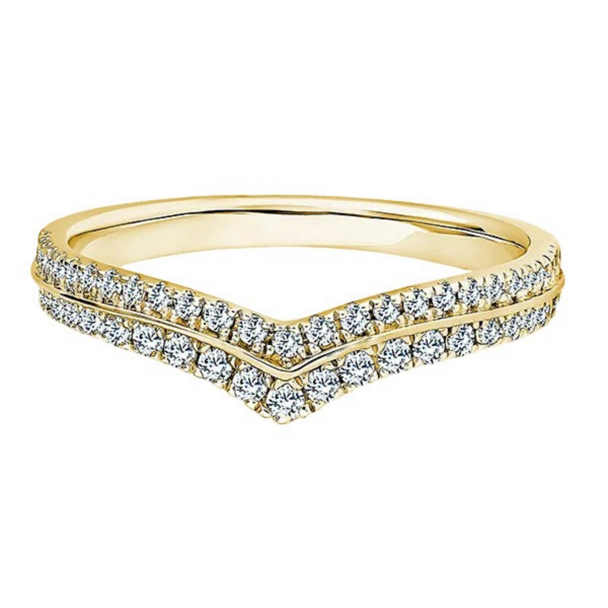 A yellow gold V-shaped ring set with rows of small clear pavé diamonds on a plain white background.