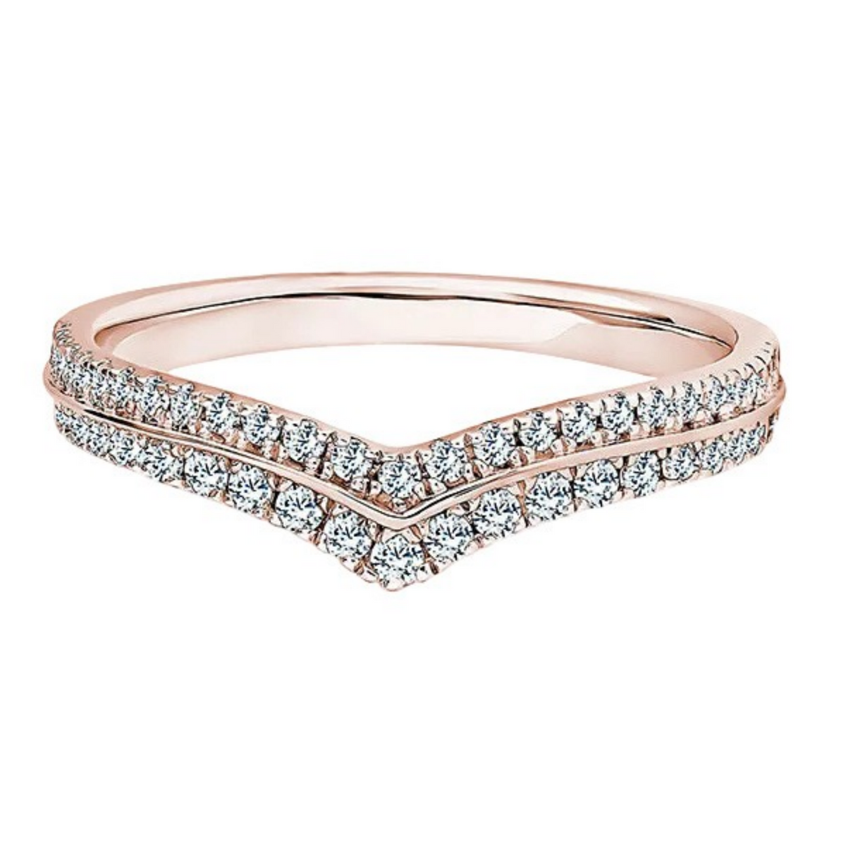 A rose gold V-shaped diamond ring with pavé-set clear stones on a clean white background.