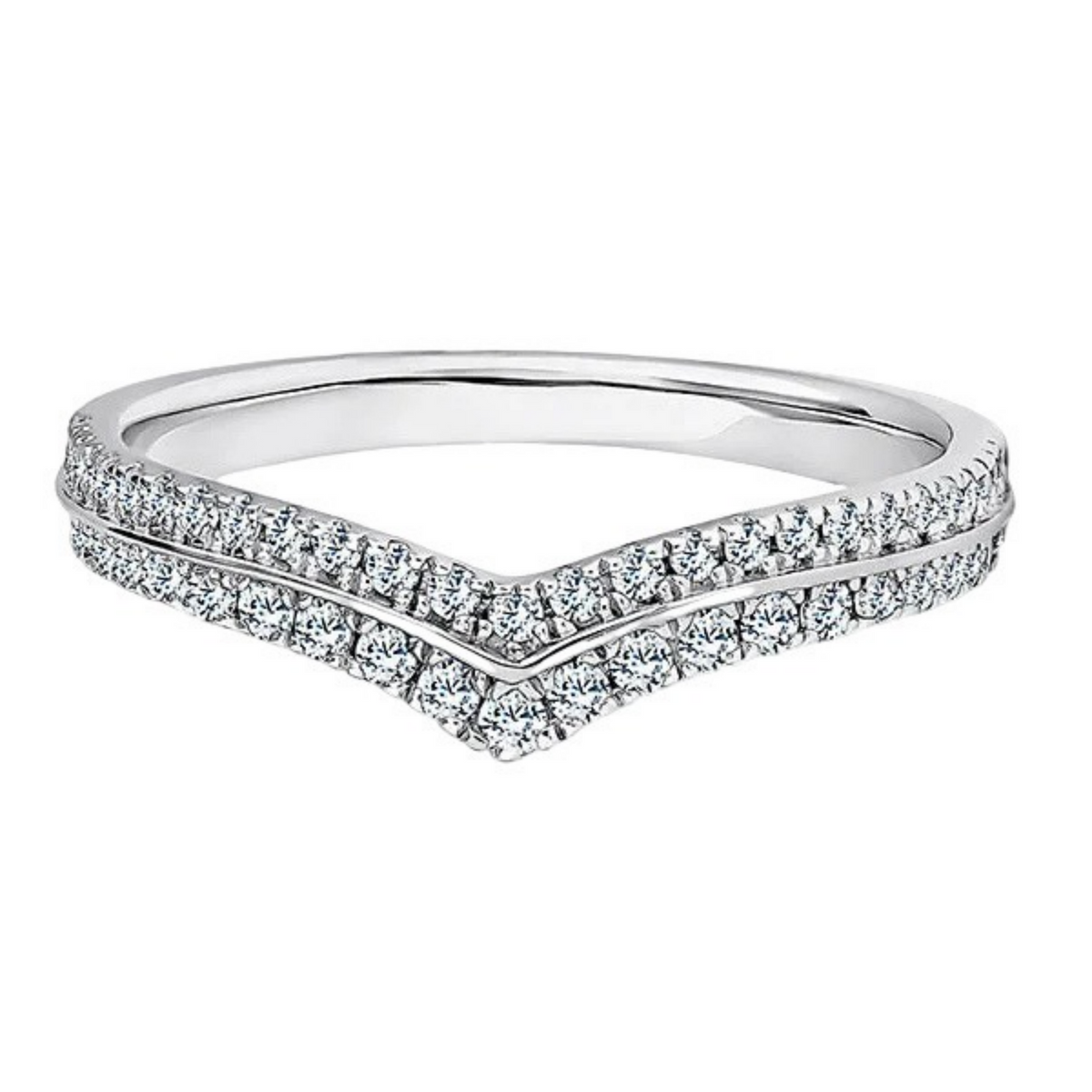 A silver-tone V-shaped diamond ring with pavé-set clear stones on a clean white background.