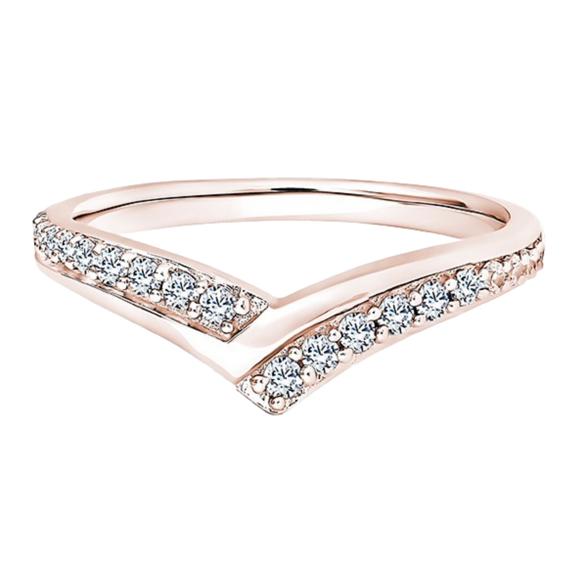 A rose gold ring with a V-shaped crossover design, featuring rows of small clear pavé diamonds on both arms, set against a plain white background.