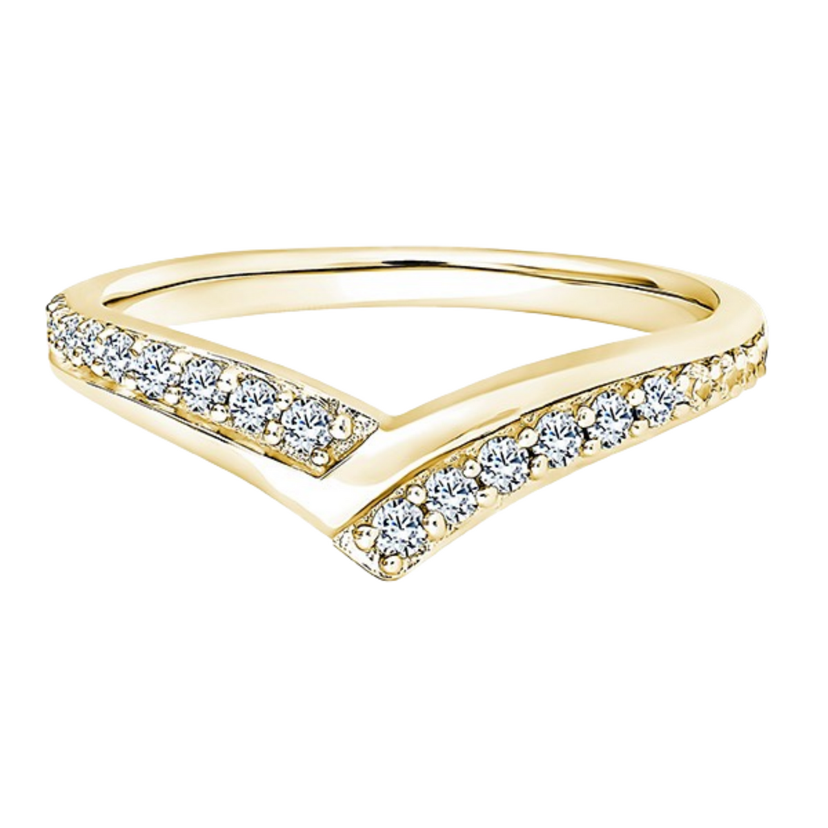 A yellow gold split-shank ring featuring rows of clear pavé-set round diamonds on both arms, shown against a plain white background.