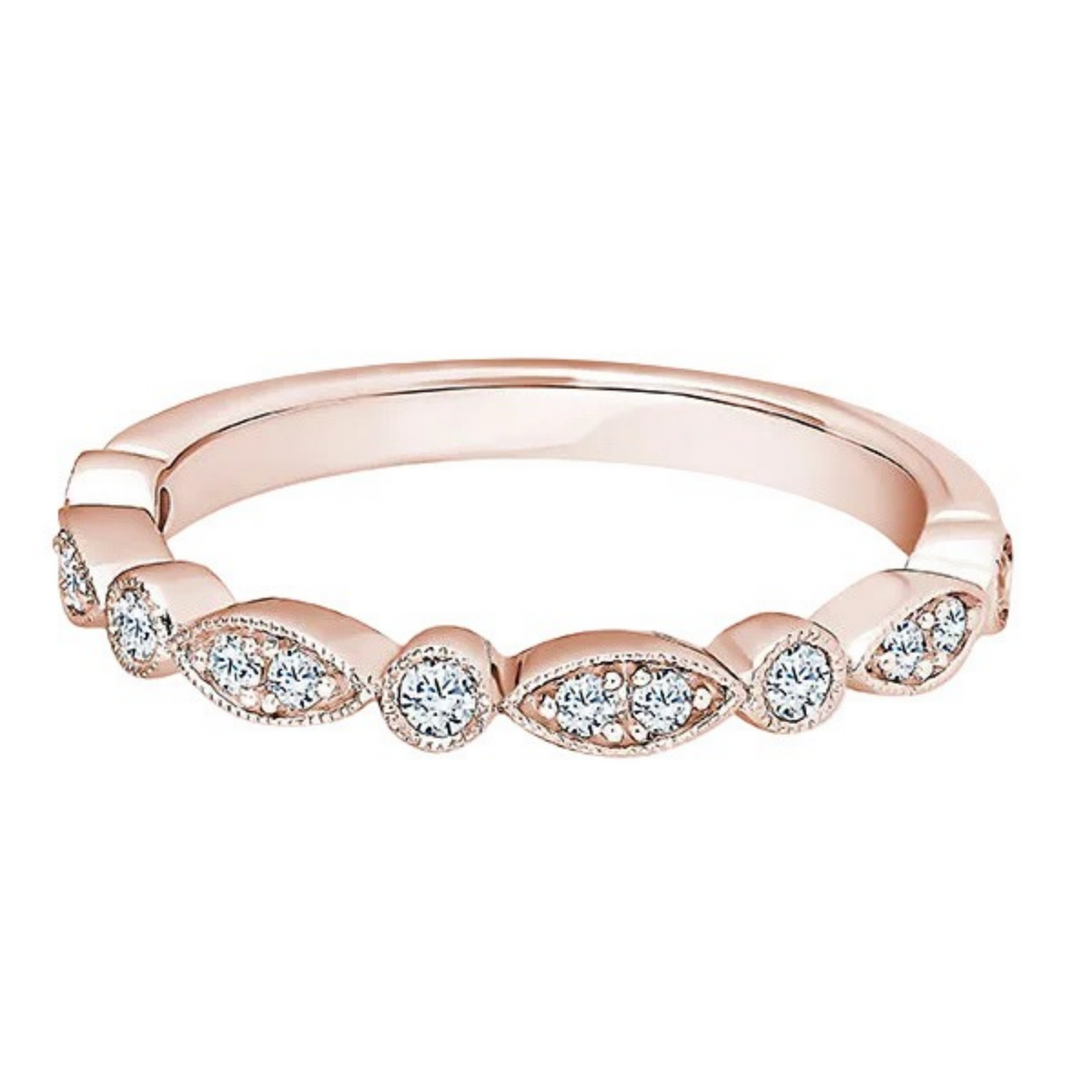 A rose gold band ring featuring a row of marquise and round-cut clear gemstones, set against a plain white background.