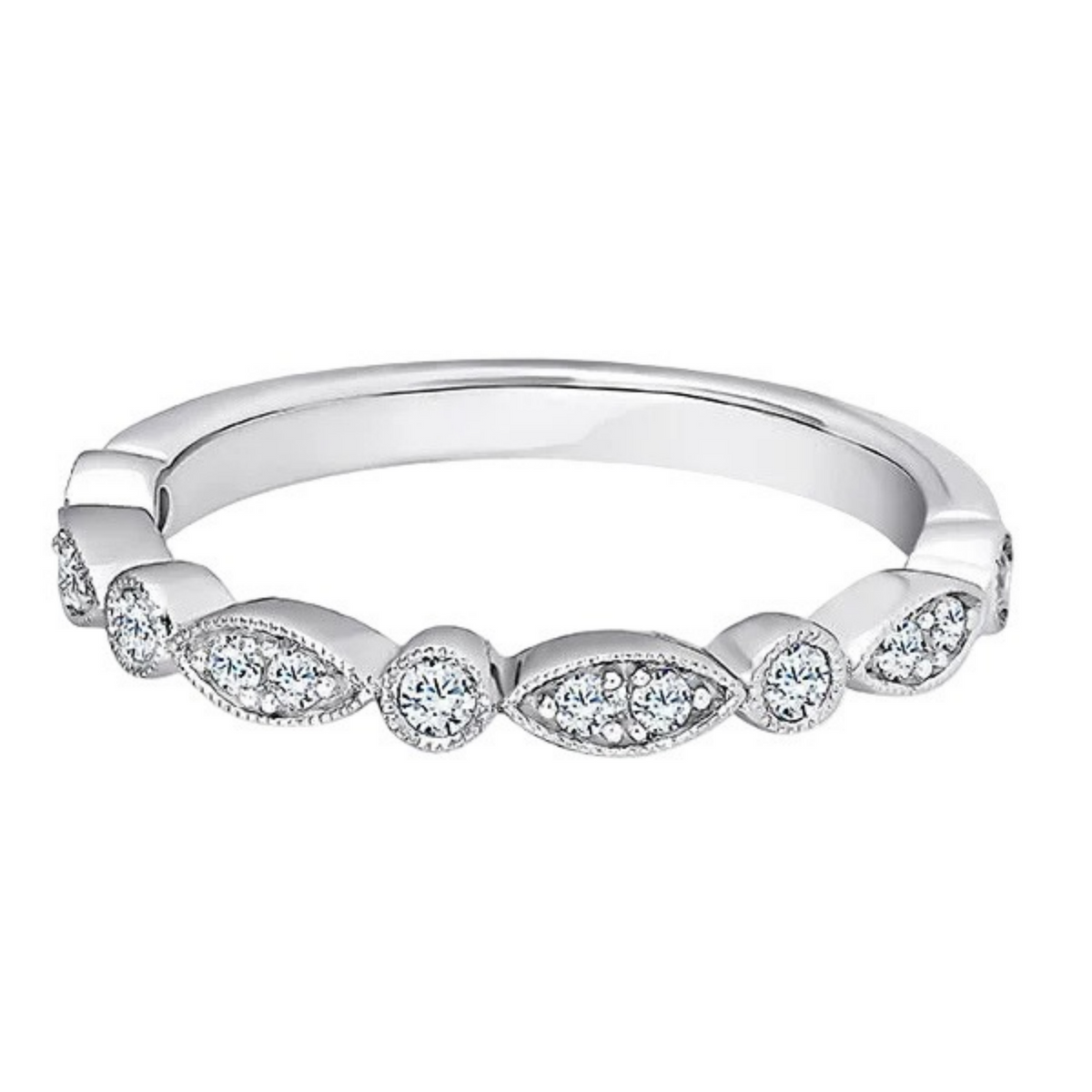A silver diamond ring featuring a continuous row of marquise and round-cut diamonds set in a polished silver band, shown against a plain white background.