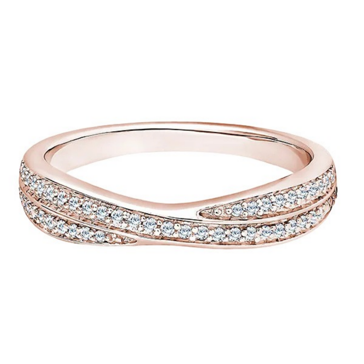 A rose gold band ring featuring two parallel rows of small clear pavé gemstones that form a wavy, intertwined design, shown on a plain white background.