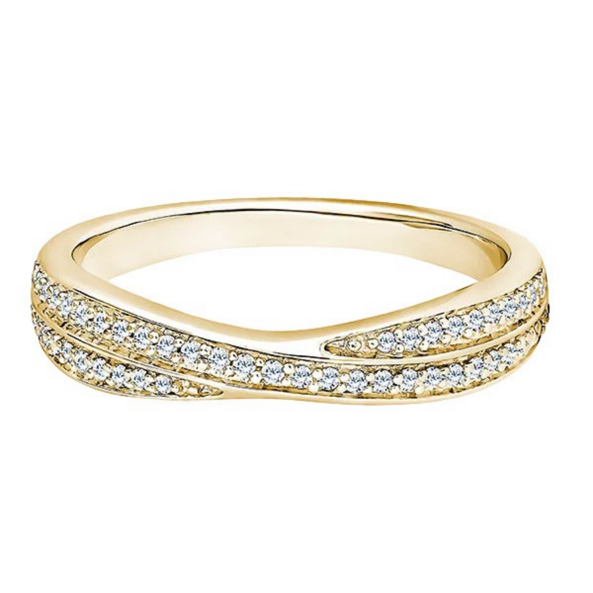 A yellow gold band ring featuring three parallel rows of pavé-set clear stones, shown on a plain white background.