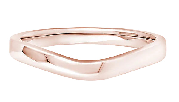 A polished rose gold band ring with a unique wavy, organic shape, shown on a clean white background with a soft shadow.