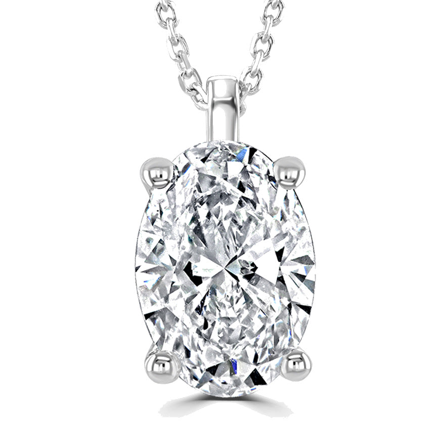 An oval-cut diamond pendant necklace in a four-prong silver setting on a matching silver chain, shown against a plain white background.