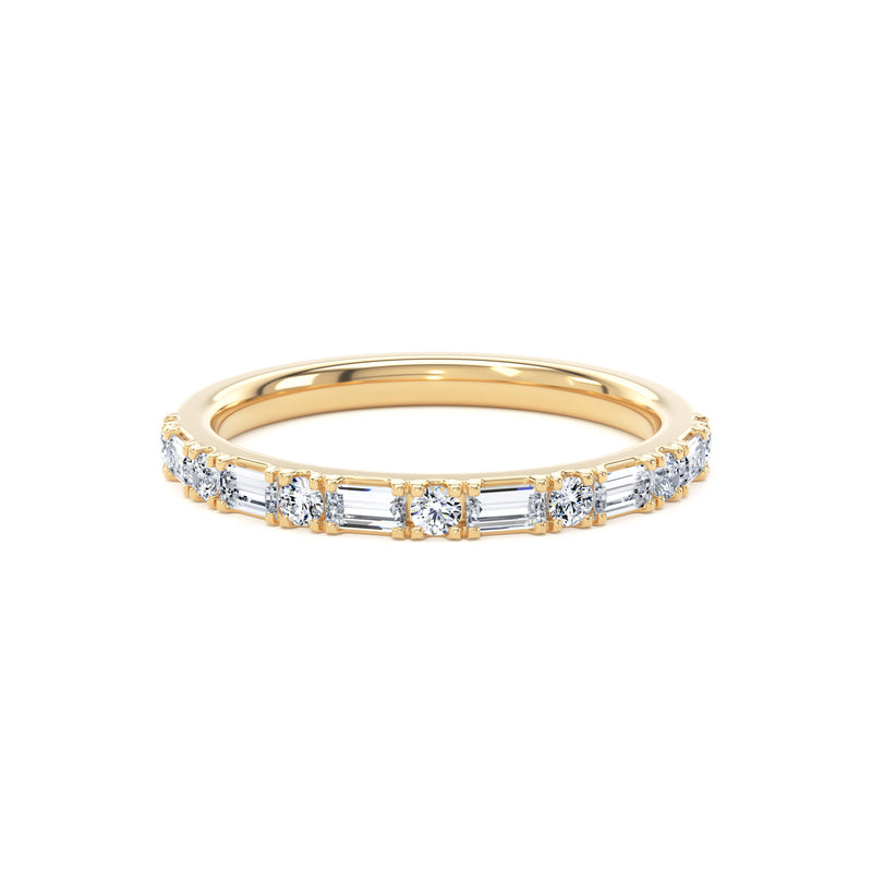 Round & Baguette Diamond Yellow Gold Ring, Prong Set Half Eternity | ET1230