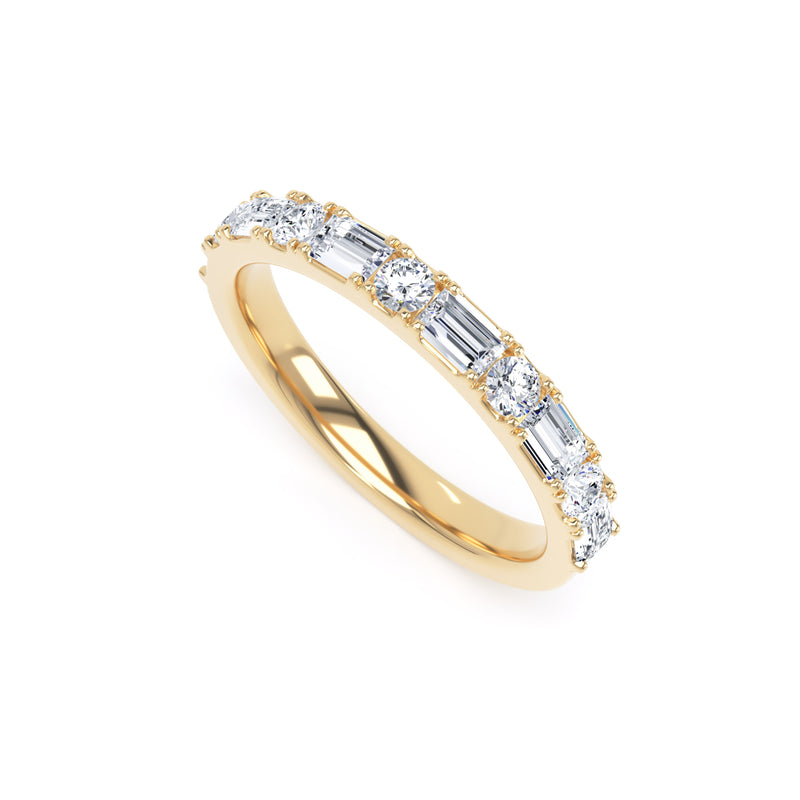 Round & Baguette Diamond Yellow Gold Ring, Prong Set Half Eternity | ET1230