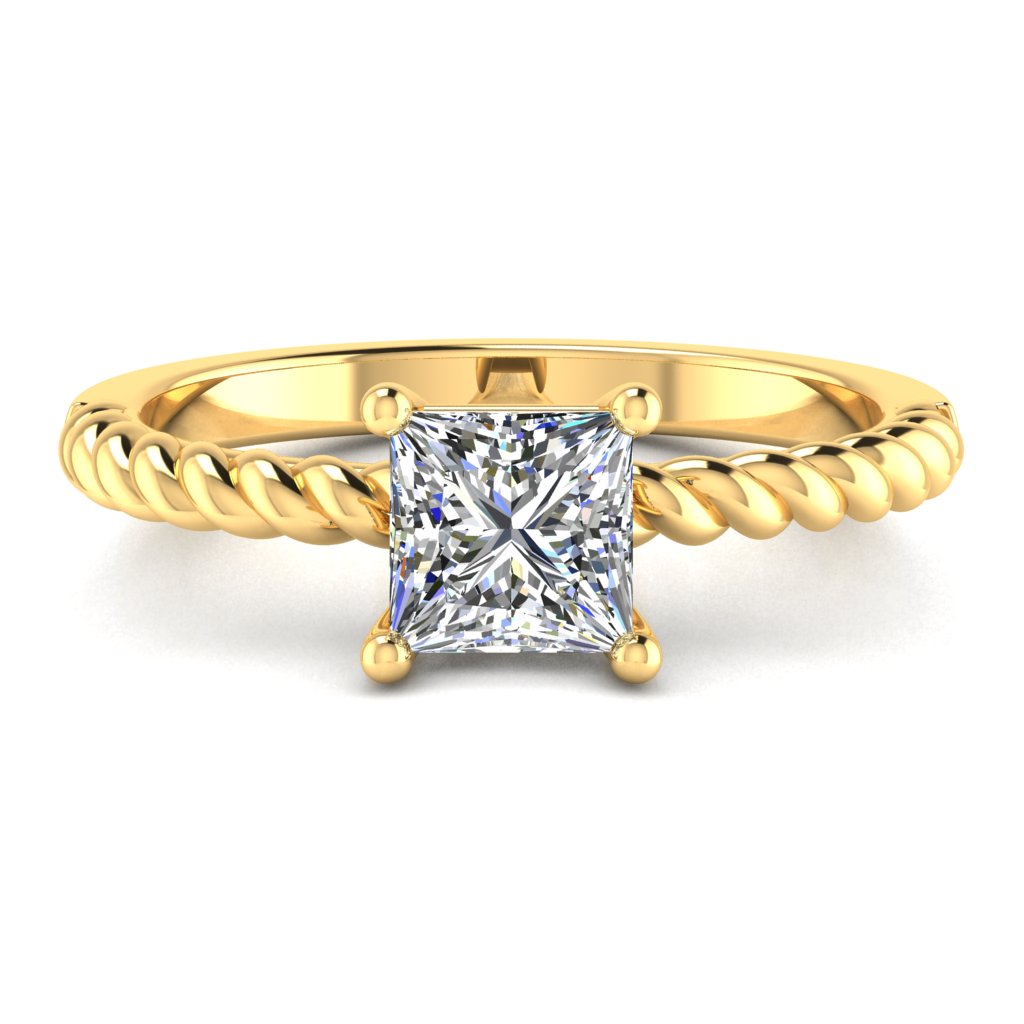 Princess Solitaire Yellow Gold Ring, Twisted 4 Prong | LGP