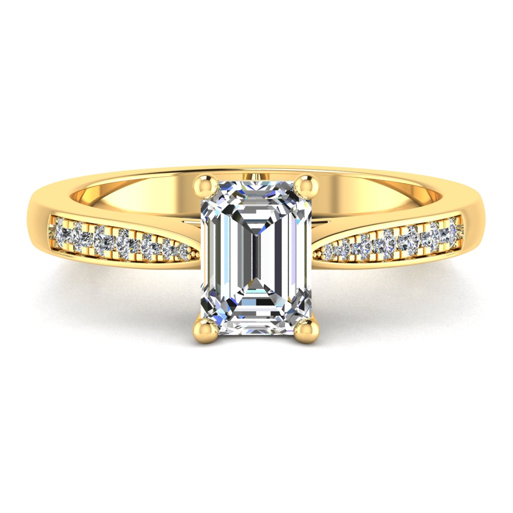Emerald Diamond Yellow Gold Ring, Tapered Grain Shoulder Set | SME RX5495