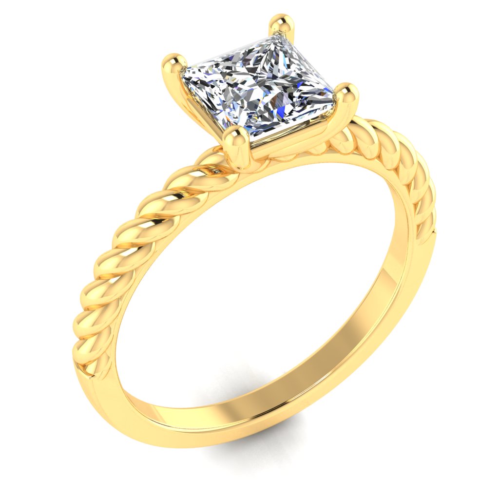Princess Solitaire Yellow Gold Ring, Twisted 4 Prong | LGP
