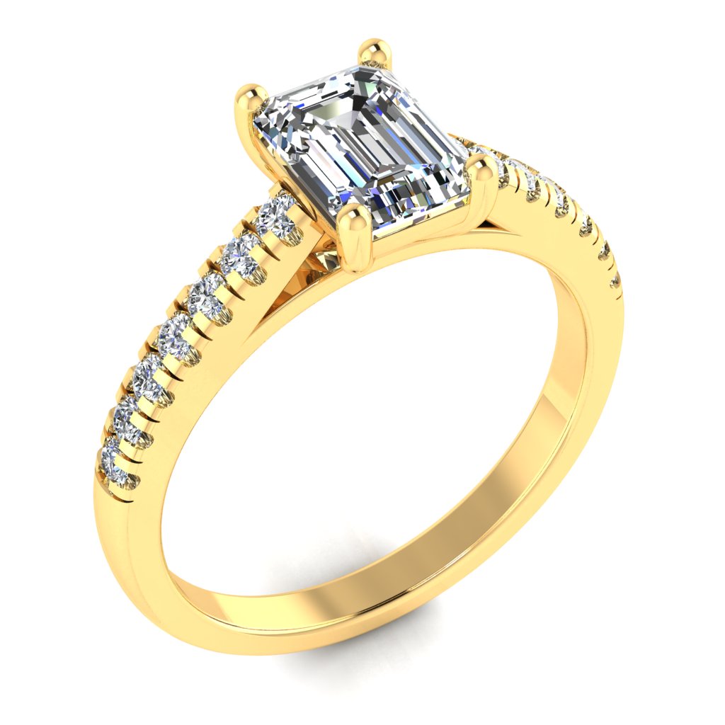 Emerald Cut Diamond & Yellow Gold Shoulder Set Straight Ring | LGE