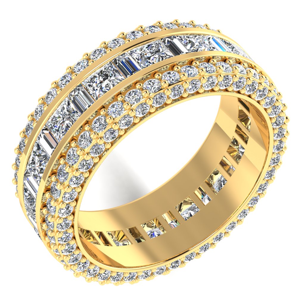 Round & Baguette & Princess Diamond Yellow Gold Ring, Face Set 3 Row Full Eternity | ET1237
