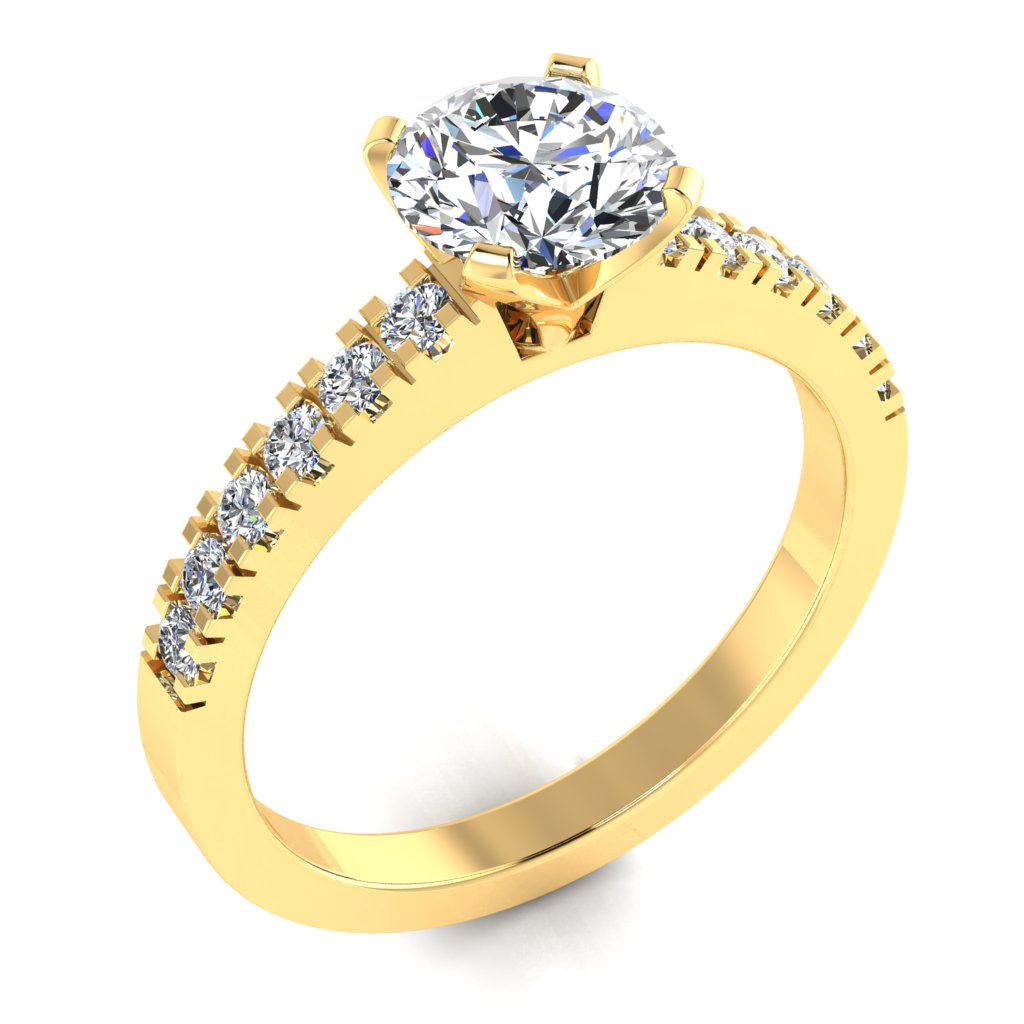 Round Cut Diamond & Yellow Gold Shoulder Set Peg Head Ring | SMR