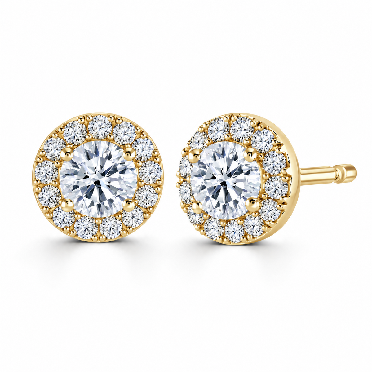 Round Diamond Yellow Gold Earrings, Micro Set Halo | RE1001