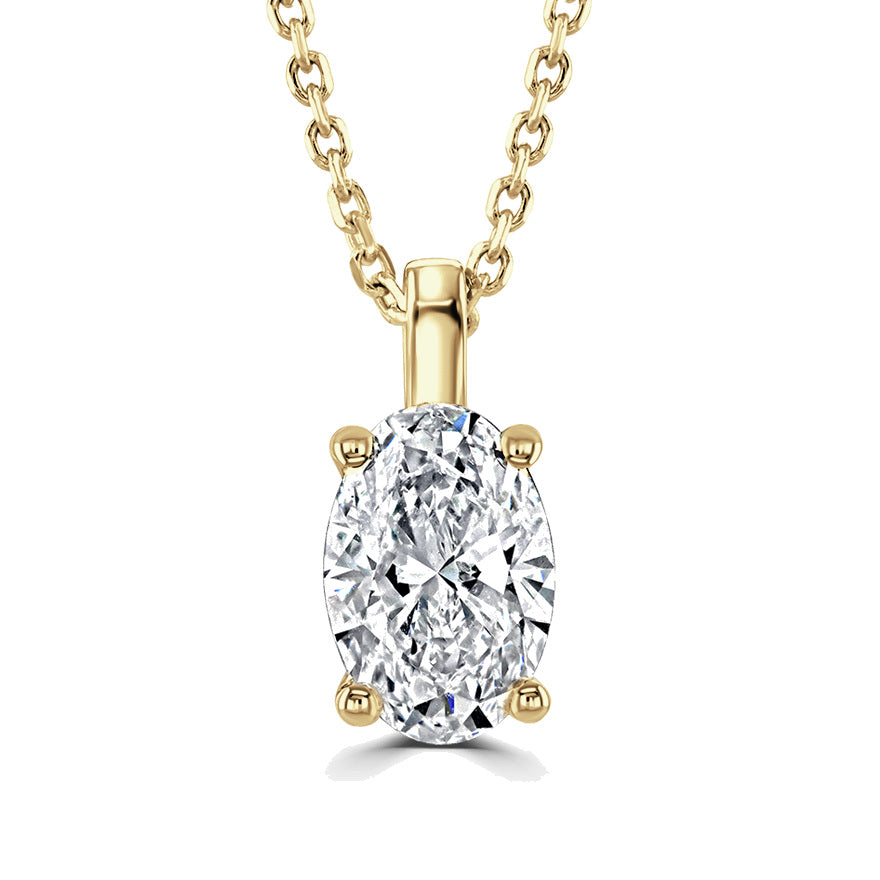 A yellow gold pendant necklace featuring an oval-cut clear gemstone in a four-prong setting, suspended from a matching gold chain against a solid white background.