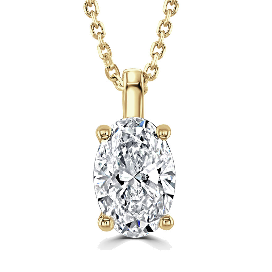 An oval-cut diamond pendant necklace in a yellow gold setting with a matching gold chain, shown on a clean white background.