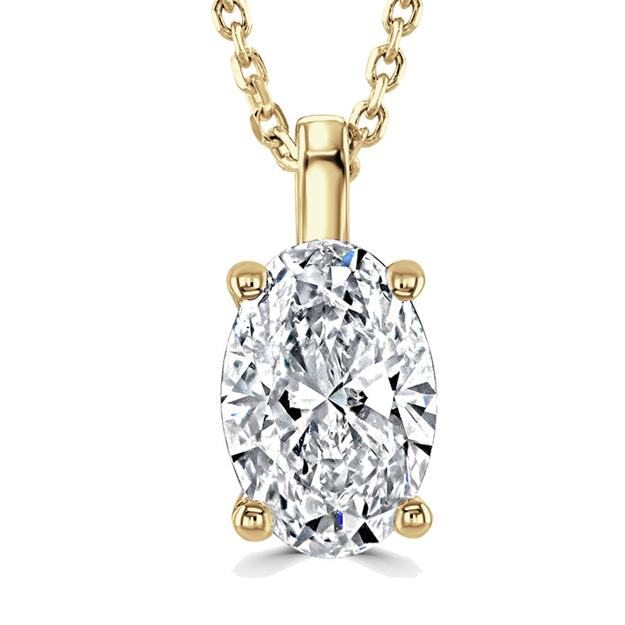An oval-cut diamond pendant necklace in a yellow gold solitaire setting on a delicate gold chain, shown against a solid white background.