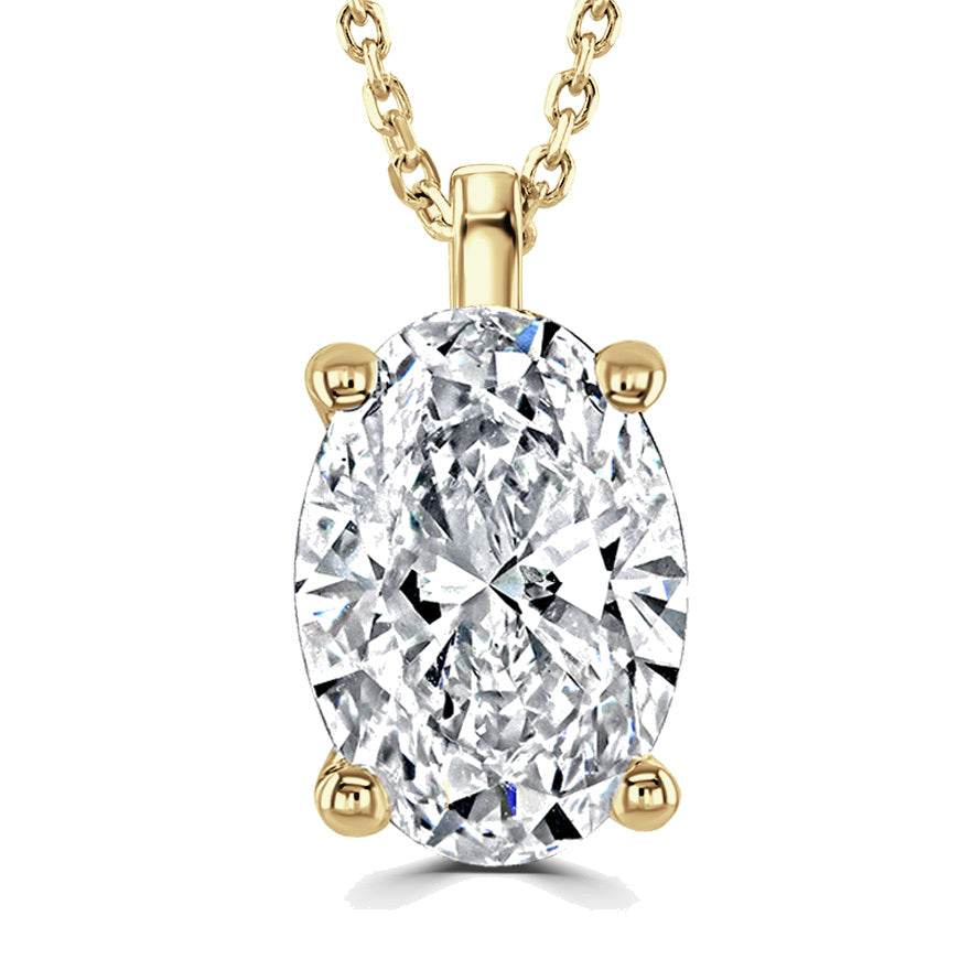 An oval-cut diamond pendant necklace in a yellow gold four-prong setting on a matching gold chain, shown against a plain white background.