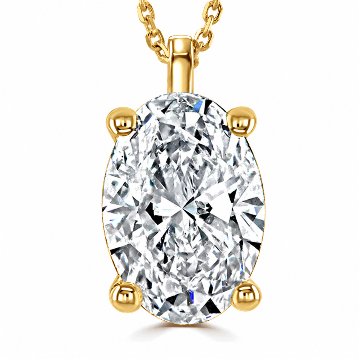 An oval-cut diamond pendant in a yellow gold four-prong setting on a matching gold chain, shown against a plain white background.