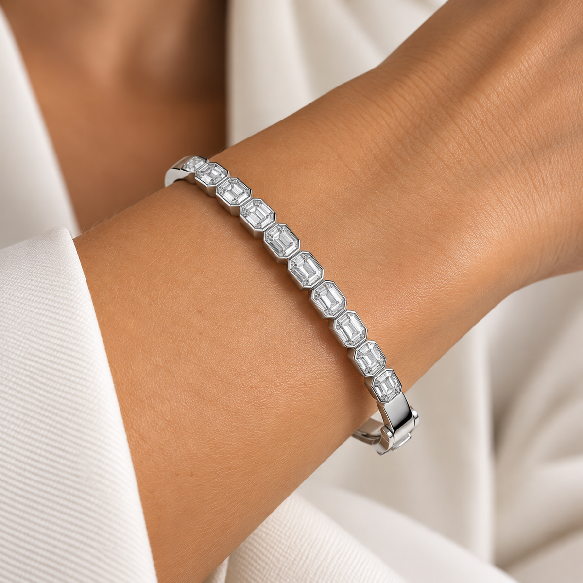 Emerald Cut Diamond Platinum Bangle | Hinge & Clasp Bezel Set | BG1002