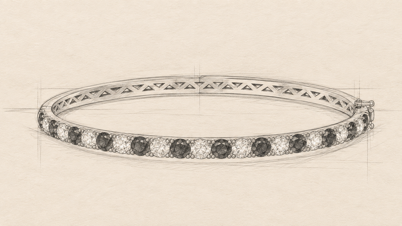 A hand-drawn sketch of a silver-toned bangle bracelet featuring alternating round black and white stones, set against a light beige textured background.