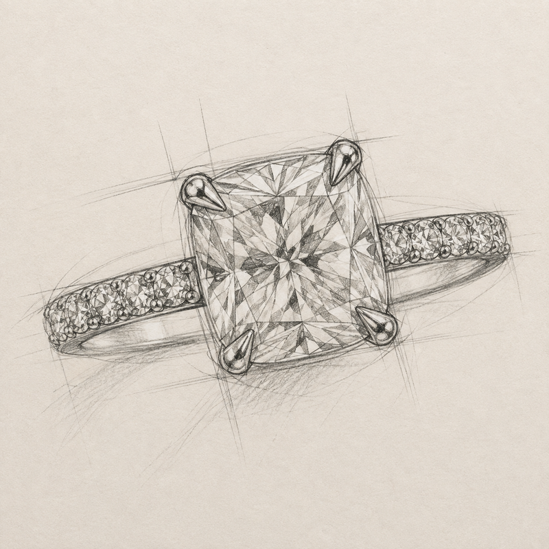 A detailed pencil sketch of a diamond ring with a large cushion-cut center stone and pavé-set side stones on a light beige background.