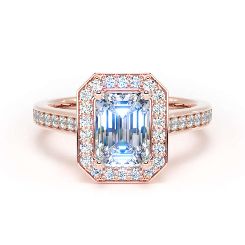 Emerald Cut Diamond Engagement Ring, Prong Set Halo | EHG01