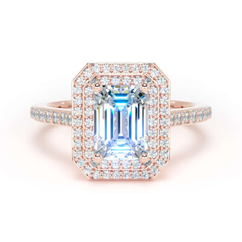 Emerald Cut Diamond Engagement Ring, Shoulder Set Double Halo | EHW01