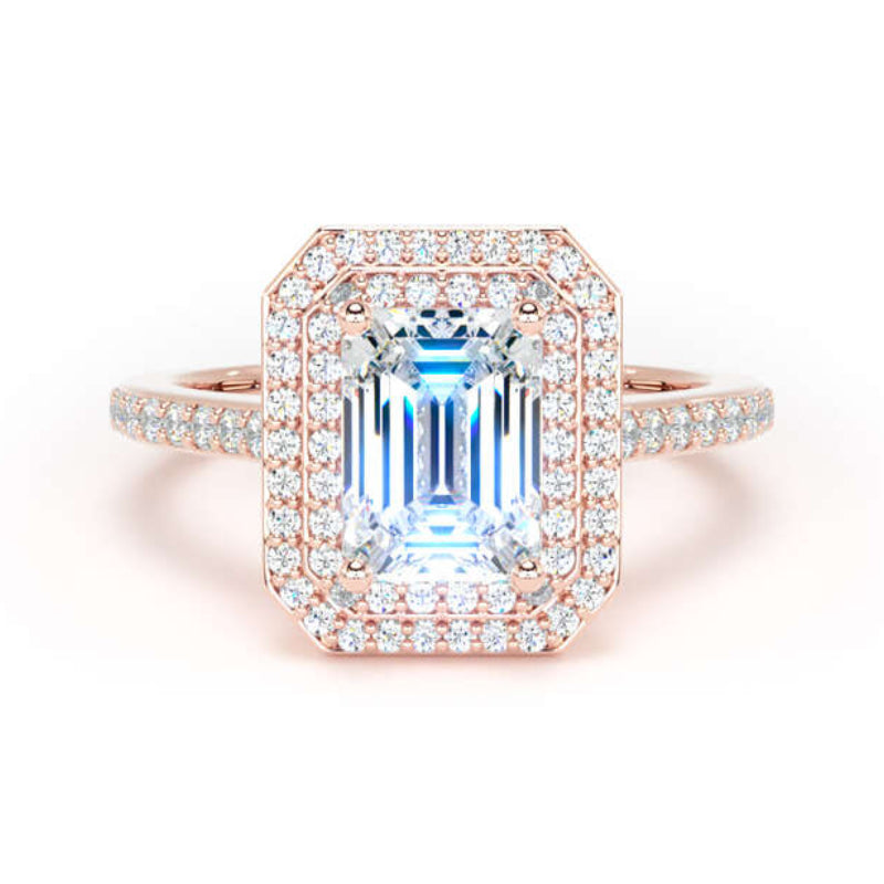 Emerald Cut Diamond Engagement Ring, Shoulder Set Double Halo | EHW02