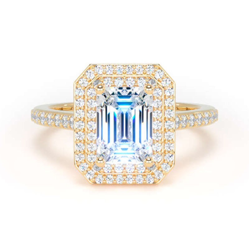 Emerald Cut Diamond Engagement Ring, Shoulder Set Double Halo | EHW02