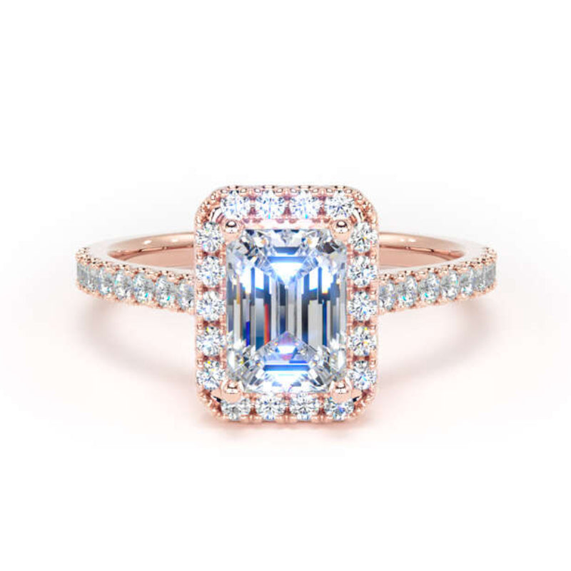 Emerald Cut Diamond Engagement Ring, Shoulder Set Halo | EHW03