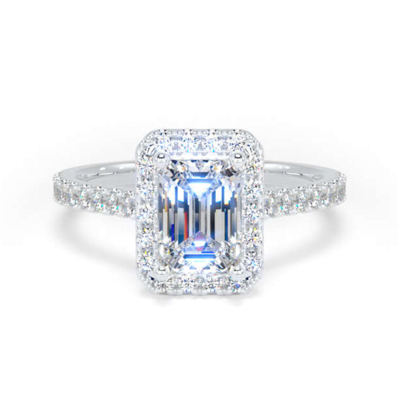 Emerald Cut Diamond Engagement Ring, Shoulder Set Halo | EHW03