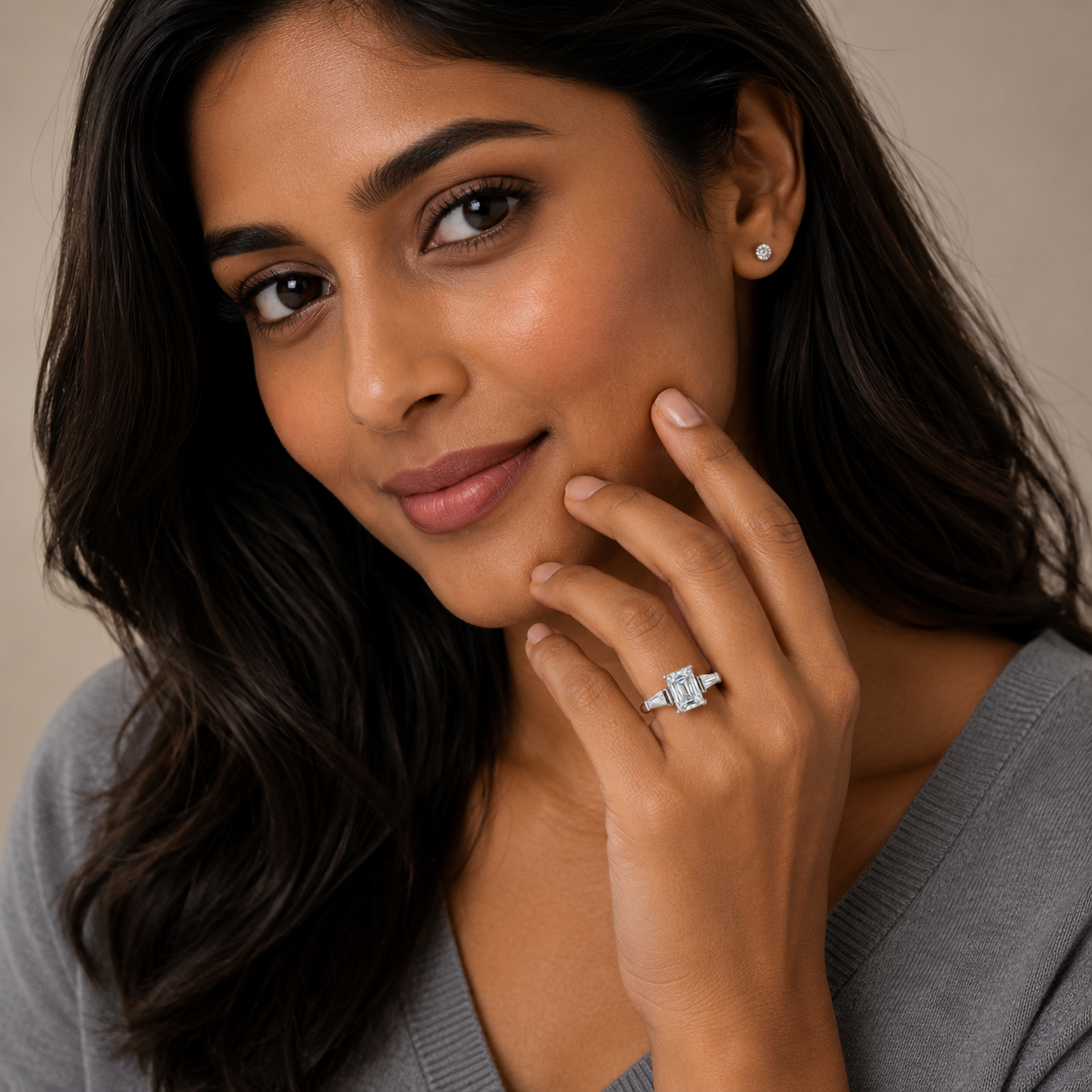 Emerald & Tapered Baguette Diamond Engagement Ring, Trilogy | M3E01