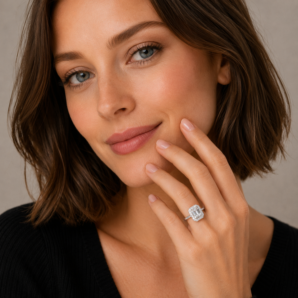 Emerald Cut Diamond Engagement Ring, Plain Band Halo | EHP02