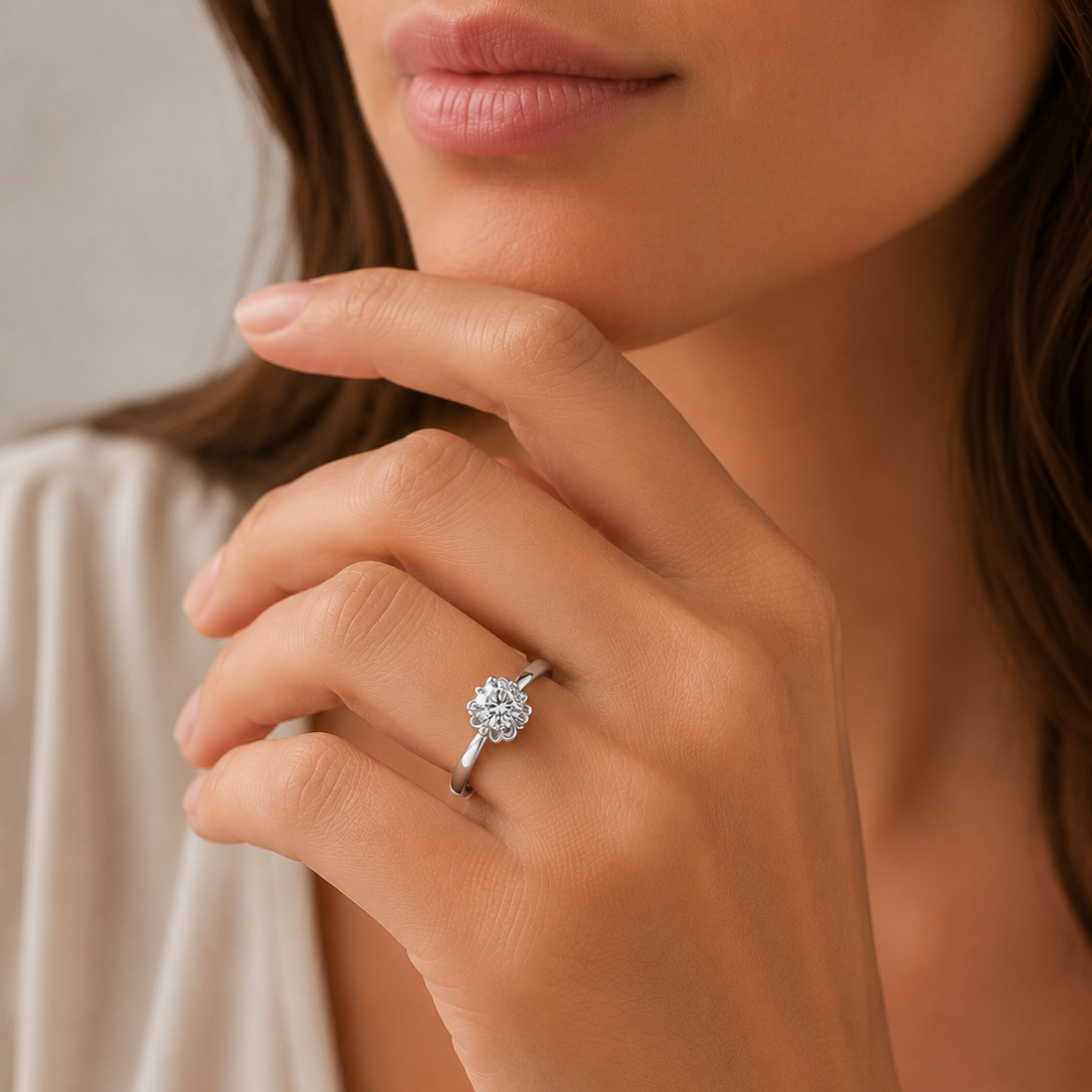 Close-up of a hand wearing a diamond ring with a neutral background