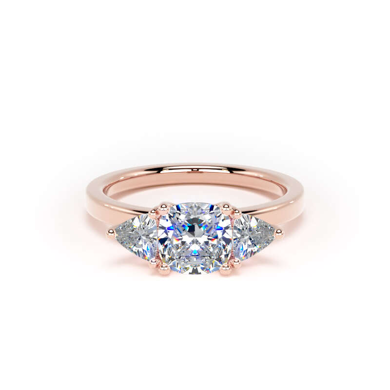 Cushion Diamond Rose Gold Trilogy Ring, Trillion Claw Set | LGC M3C01