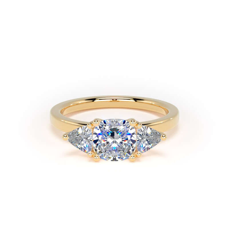 Cushion Diamond Yellow Gold Trilogy Ring, Trillion Claw Set | LGC M3C01