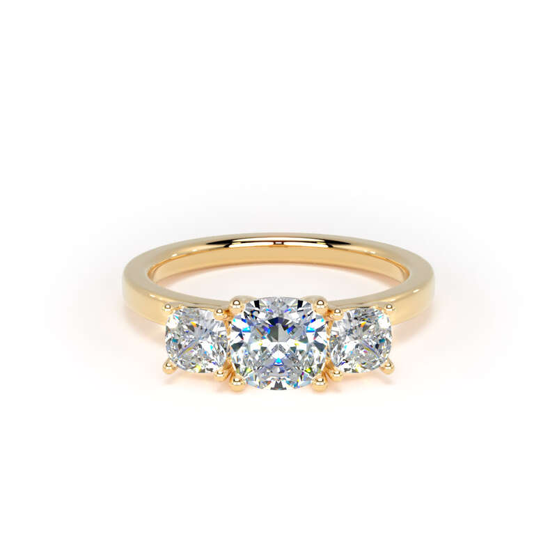 Cushion Diamond Yellow Gold Trilogy Ring, Claw Set | LGC M3C02