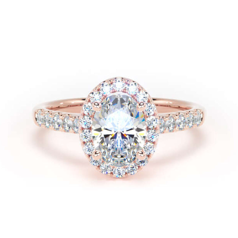 A rose gold halo engagement ring featuring a large oval-cut center stone surrounded by a double halo of smaller round stones, with a pavé-set band, shown on a clean white background.