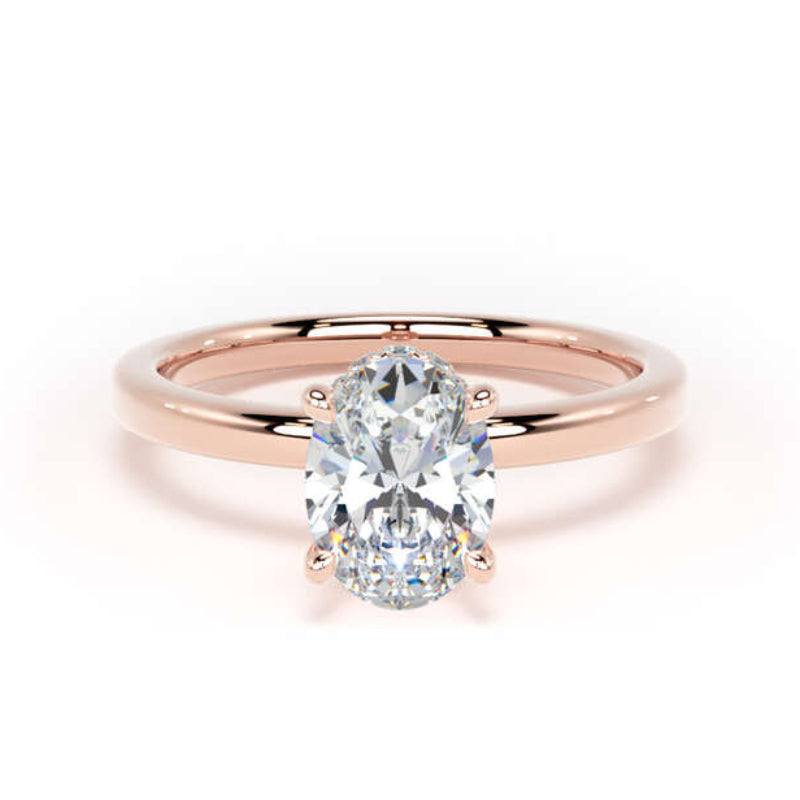 Oval Diamond Rose Gold Ring, Plain Band Hidden Halo | LGO OPS02