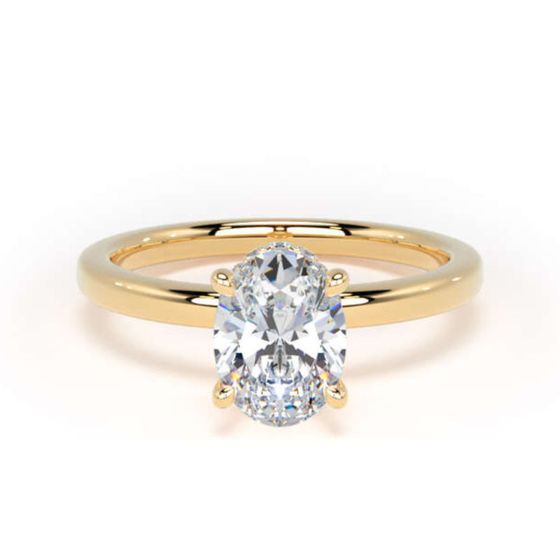 Oval Diamond Yellow Gold Ring, Plain Band Hidden Halo | LGO OPS02