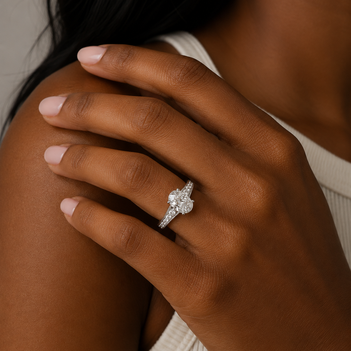 Oval Diamond Grain Shoulder Set Ring, Tapered | OSM01