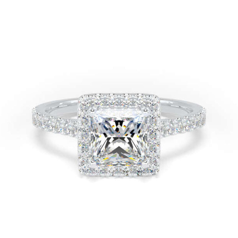 Princess Diamond Engagement Ring, Shoulder Set Halo | PHW01