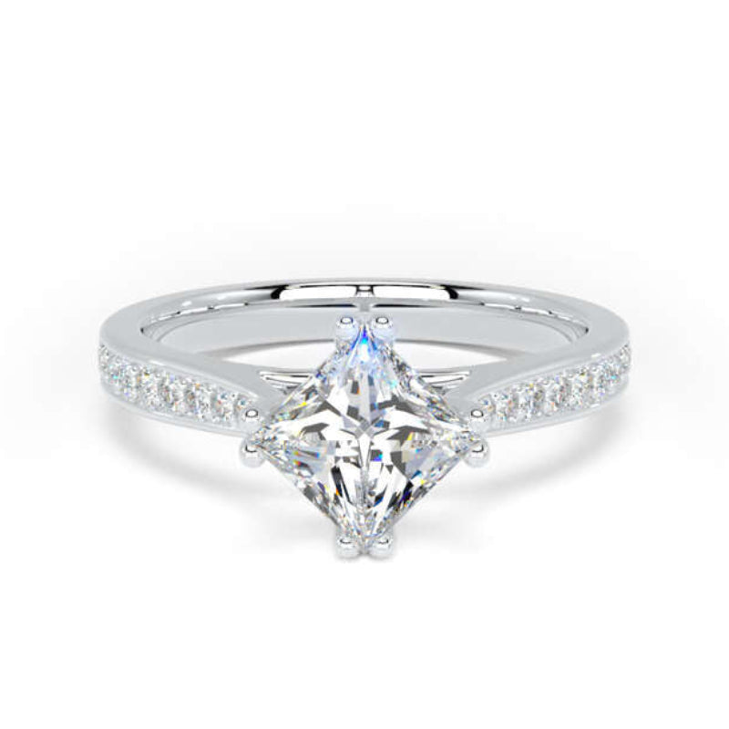A silver-toned diamond engagement ring featuring a prominent princess-cut center stone and a pavé-set band, shown on a clean white background.